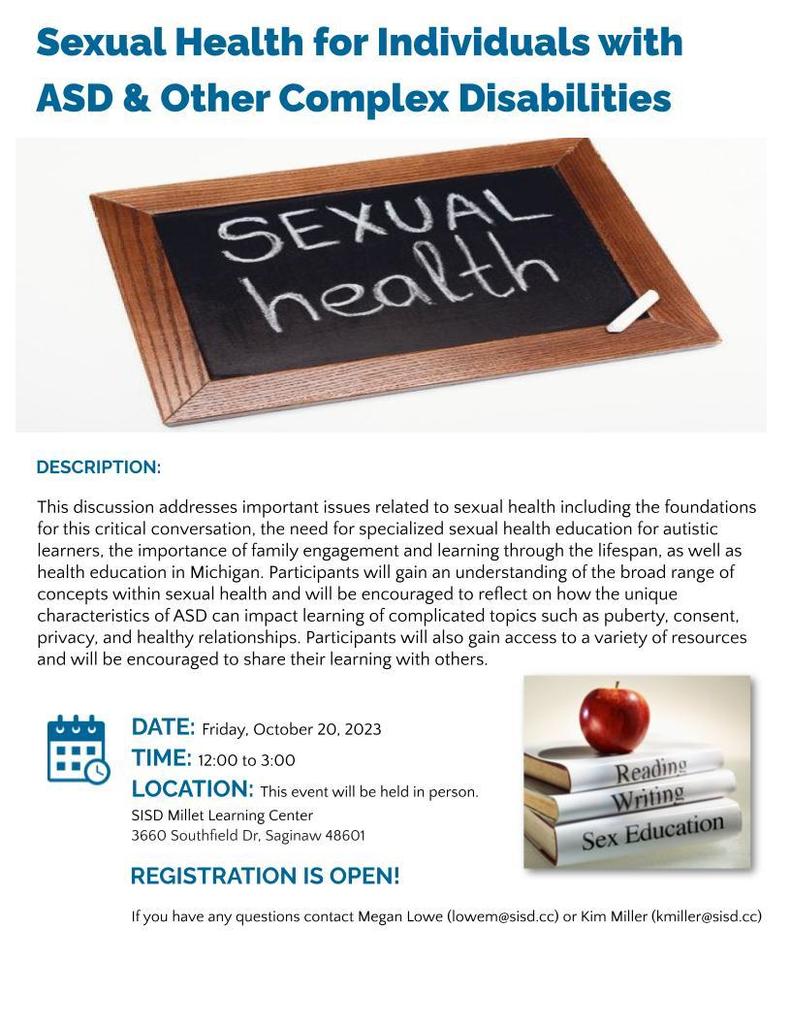 Registration flier. Sexual Health for Individuals with ASD & Other Complex Disabilities